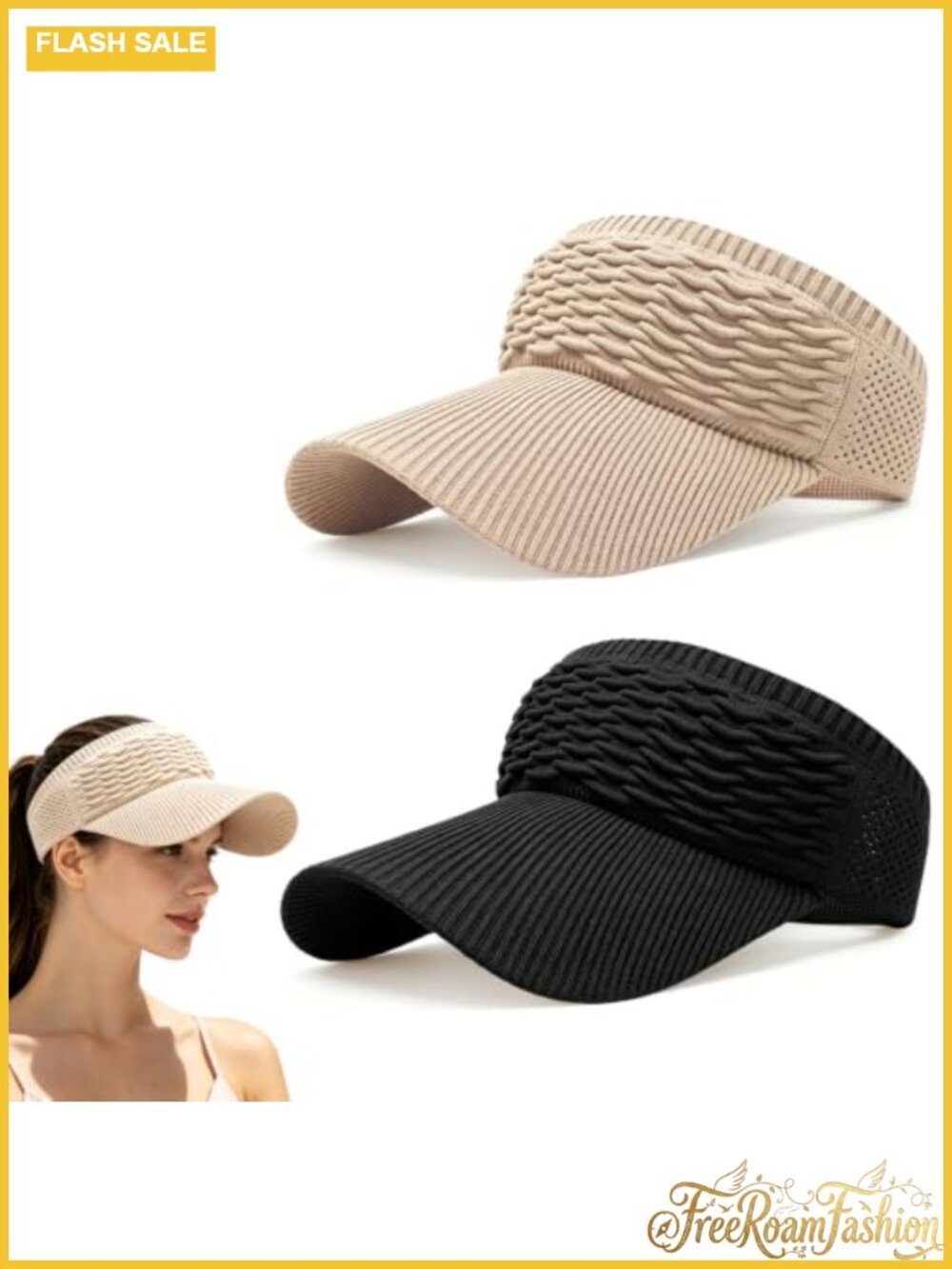 2Pcs High Ponytail Sun Visor Hat Wide Brim UV Protection Knit Cap